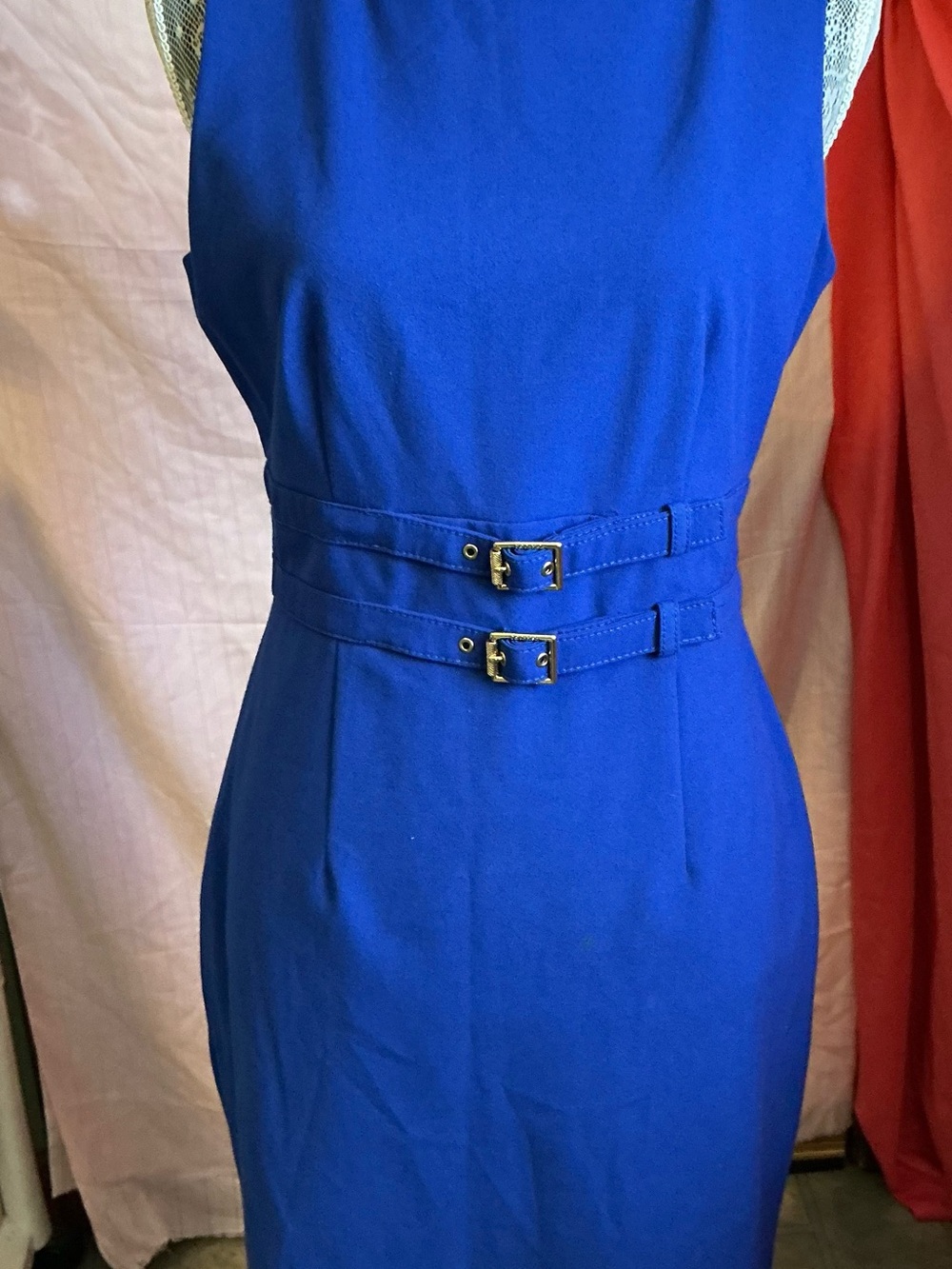 Calvin Klein Double-Belted Sheath Dress in Cobalt Blue